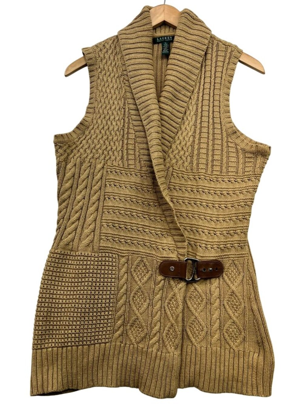 Lauren Ralph Lauren Women's Shawl Collar Sweater Vest Cable Knit Size XL Beige